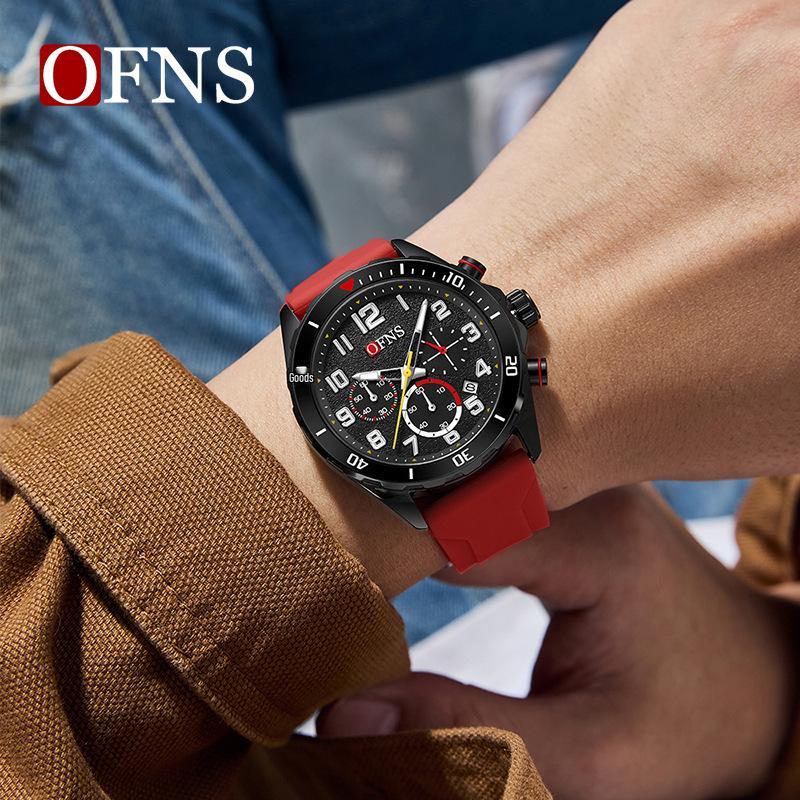 OFNS Men's Waterproof Quartz Chronograph with Silicone Strap and Steel Band, Business Calendar, and Small Second Display.