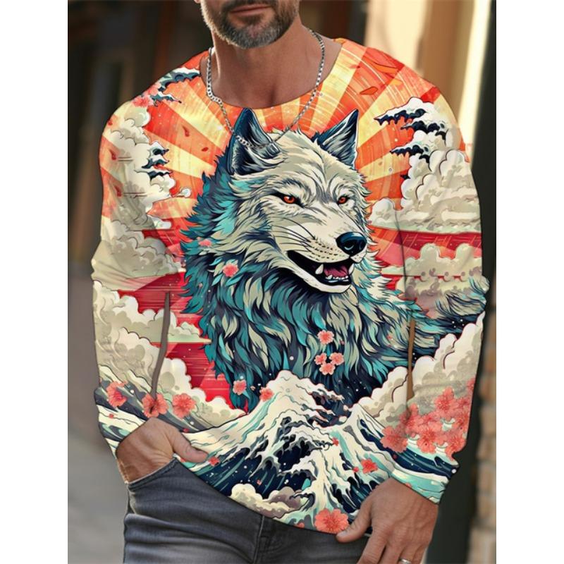 Tricou cu mânecă lungă Ukiyoe pentru bărbați 2024, tricou cu mânecă lungă, imprimat 3d, cu imprimeu de lup de înaltă definiție, pentru bărbați, top casual, cu gât rotund