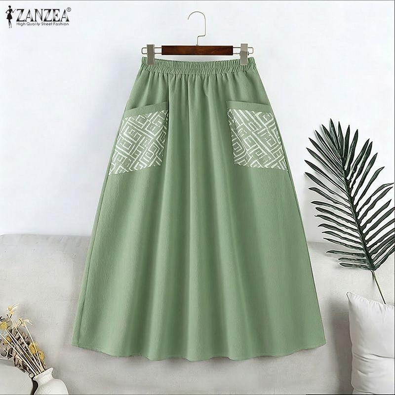 ZANZEA Vintage Women Elastic Waist Floral Print Patchwork Skirts Pleated Dress