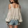 Women Long Sleeve Blouse Cold Shoulder Lace Trim Casual Shirt Bohemian Style Lightweight Top for Daily Wear