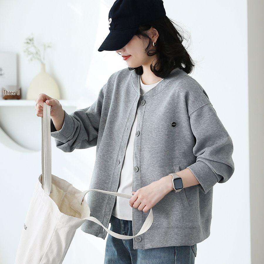 

Women s Gray Casual Loose-Fit Cardigan: Korean Style Baseball Jacket with Round Neck and Long Sleeves M for 90-105 jin