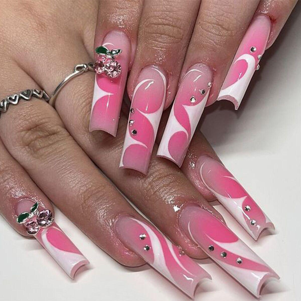 

INS Style Wearing Nail Long Pink с алмазной панелью для ногтей Готовая панель для ногтей Панель для накладных ногтей
