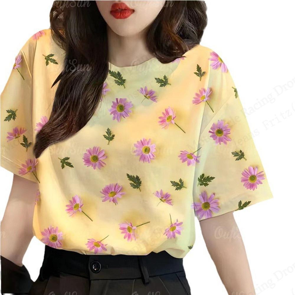 Letní dámské tričko s kulatým výstřihem, květinovým vzorem a 3D potiskem, módní, ležérní, s krátkým rukávem