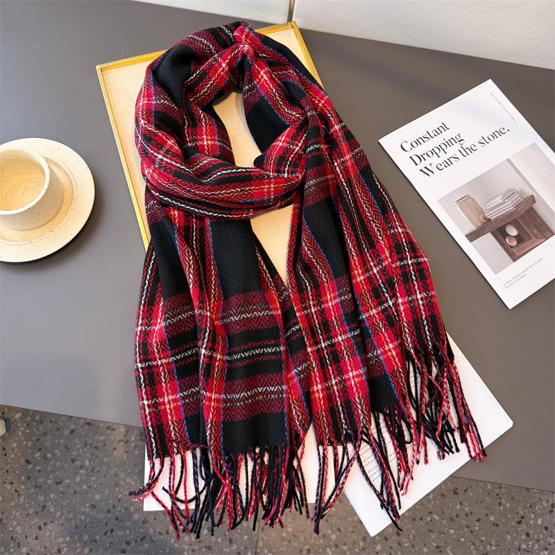 

Korean Retro Style Plaid Women s Winter Scarf Imitation Cashmere Warm Shawls and Wraps Thicked Pashmina Female Blanket Scarves 200x67cm