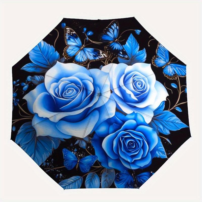 Automatic Open/Close Umbrella with Shielding & - Elegant Floral design - Sturdy 8-Rib Construction - Blue Roses & Butterflies