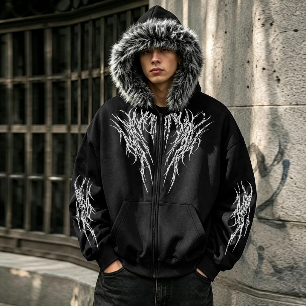 Stijlvolle Hoodie met Rits en Nepbontkraag, Relaxte Pasvorm en Meerdere Zakken—Casual Buiten Top