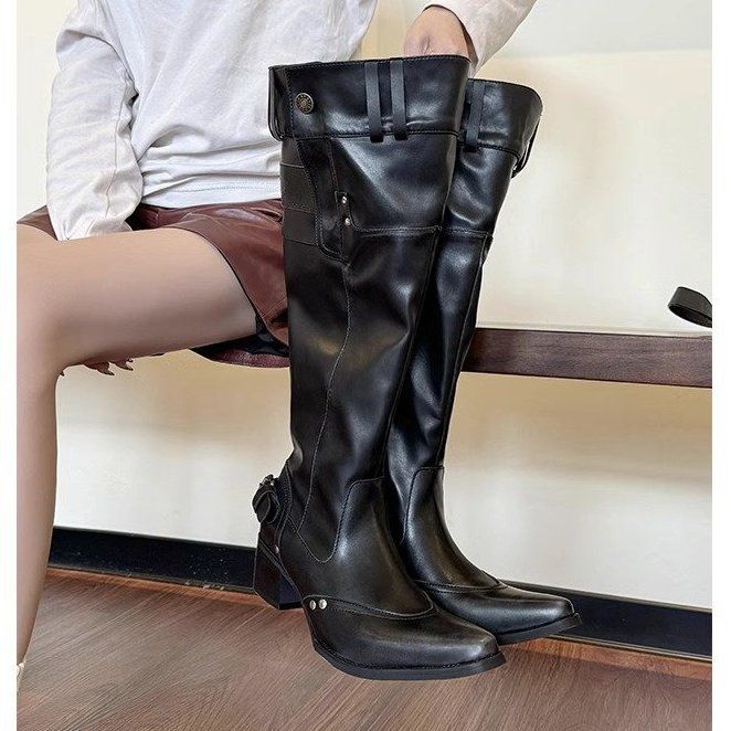 

Boots long boots women s spring and autumn new small big tube circumference western cowboy knight boots thick heel pointed pile boots 35