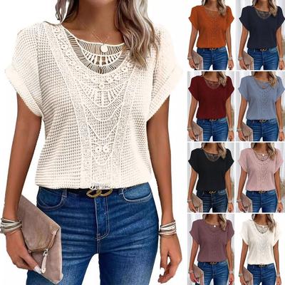 Damen Frühling Sommer Neues Kurzarm-T-Shirt, Spitze Einsätze Lässig Mode Bluse