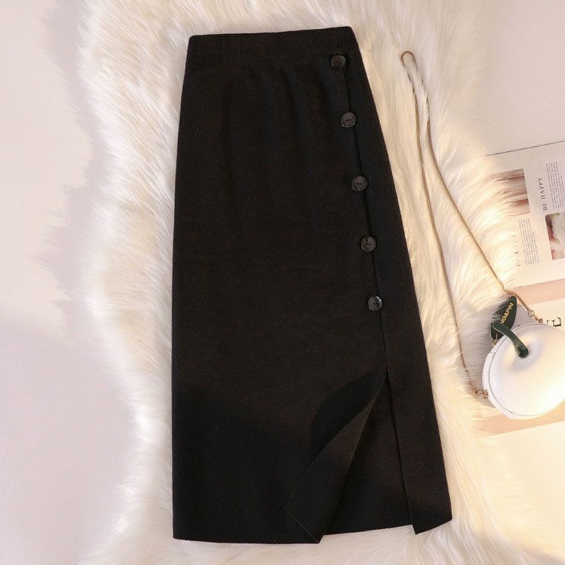 Mid Length Knitted Half Length Skirt for Women In Autumn and Winter High Waist Versatile Split Skirt A-line Hip Wrapping Skirt