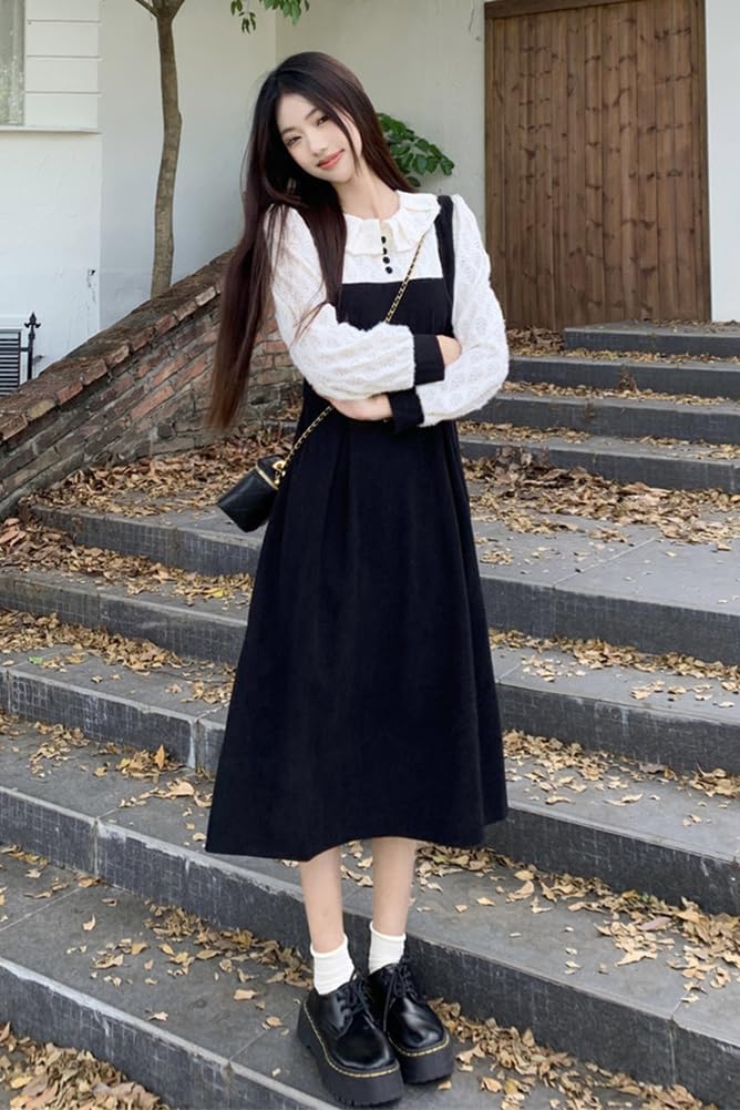 Chubikime Long Sleeve Dress with Layered Midi and Flattering and Cute for a Mature Thick Corduroy Fabric for Perfect for and Women's Trim, Length,