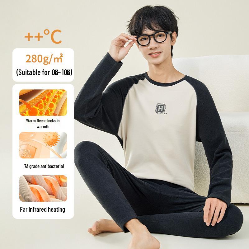 Teen Boys' Warm Cotton Wool Underwear Set - Autumn/Winter Base Layer Top & Trousers