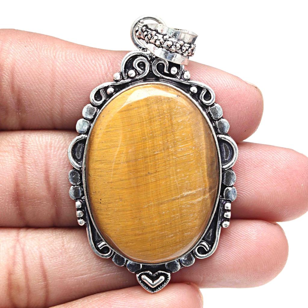 Pendant Tiger's Eye Gemstone Handicraft Valentine'Day Gift Silver Jewelry 2"