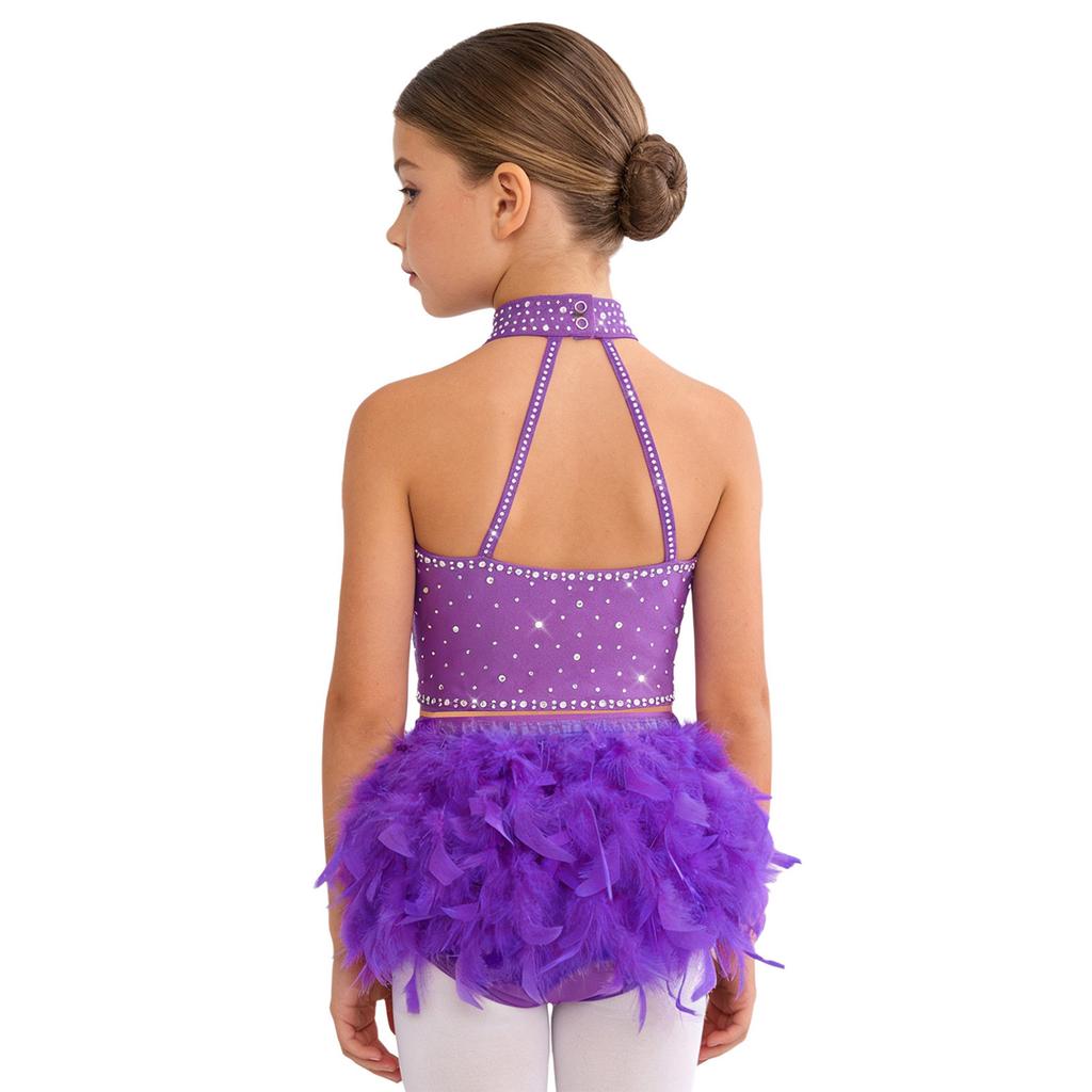 Girls Shiny Tassel Feather Latin Dress Halter Sleeveless Strappy Back Crop Top Skirt Set