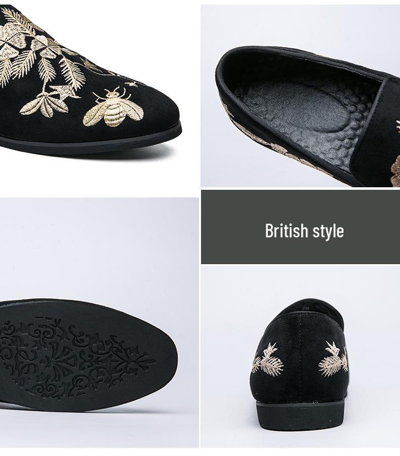 Men's Chinese Embroidered Black Leather Loafers – Large Size Casual Slip-ons
