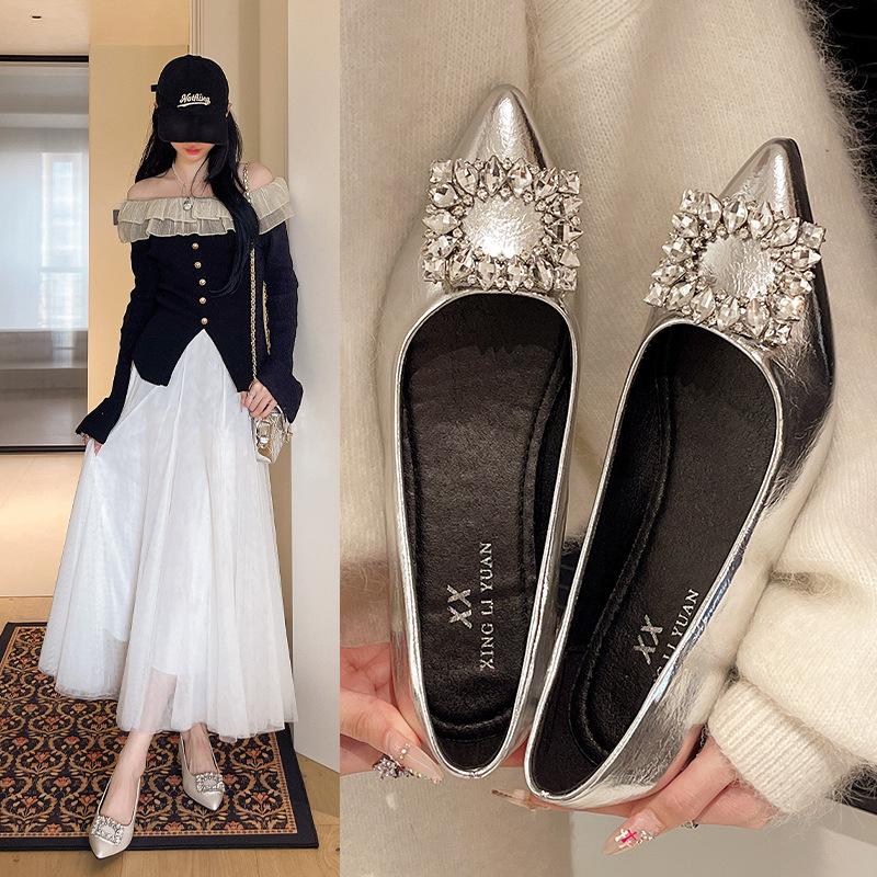 French rhinestone tip inner height increase flat-soled single shoes women's 2025 new shallow mouth one-pedal Mary Jane shoes evening shoes