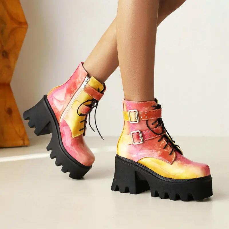Women's Boots Autumn and Winter New Short Boots Patent Leather Gradual Color Belt Buckle Thick Soled Women's and Ankle Boots