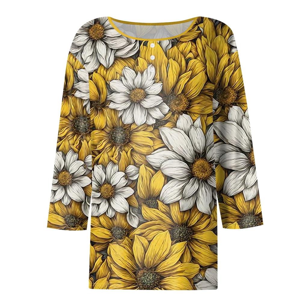 Women's T Shirt Tee Print Button 3/4 Sleeve Daily Weekend Fashion Basic Round Neck Regular Top