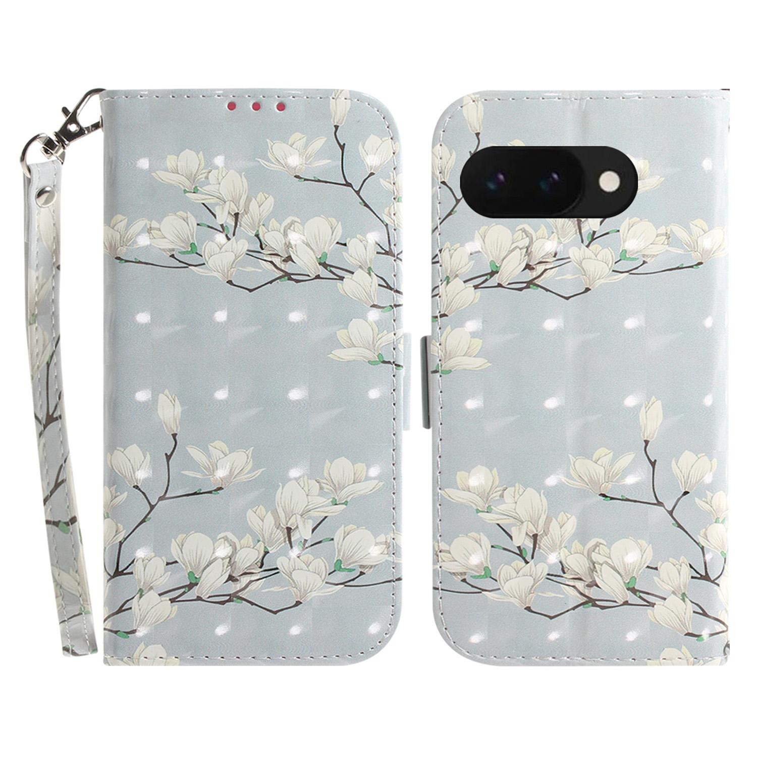 

For Google Pixel 9a Case Pattern Printing Leather Wallet Phone Cover with Wrist Strap Magnolia