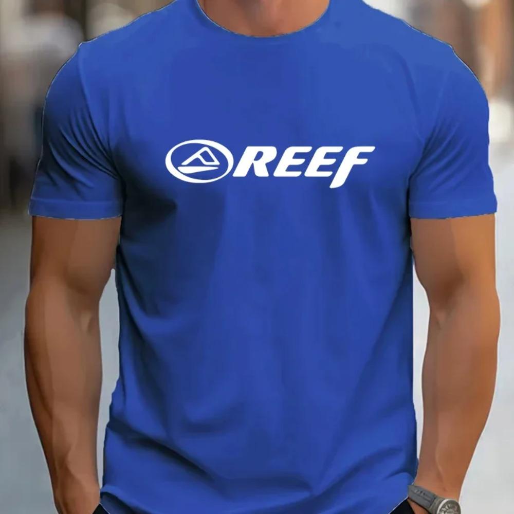 Herren Casual Rundhals T-Shirt 100% Strickstoff Leichter Stretch Normale Passform REEF Alphabet Muster Mode Trendiges T-Shirt Top