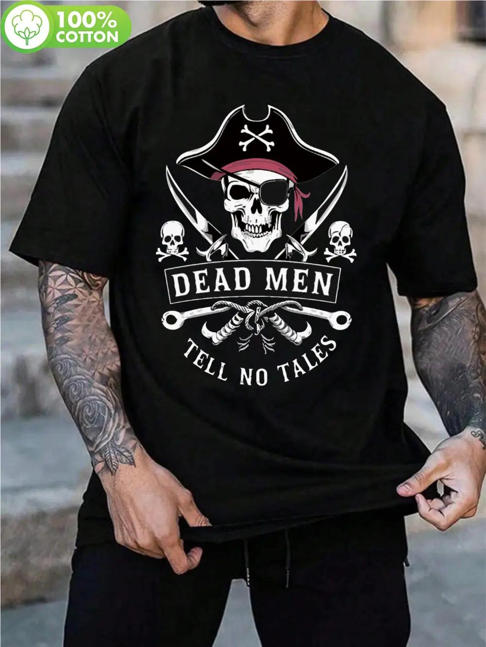1pc Pirate Skull Graphic T-shirt - Black Crew Neck 100% Cotton Tee with DEAD MEN TELL NO TALES Design S