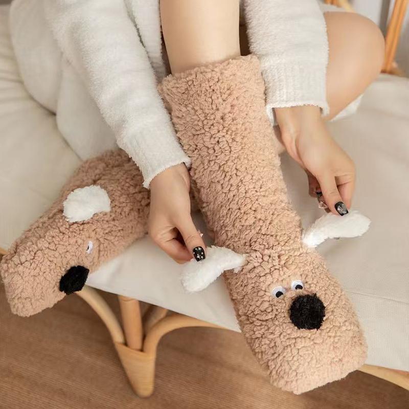 Winter Warm Cartoon Puppy Plush Sleep Socks Snow Socks Home Leg Warmers