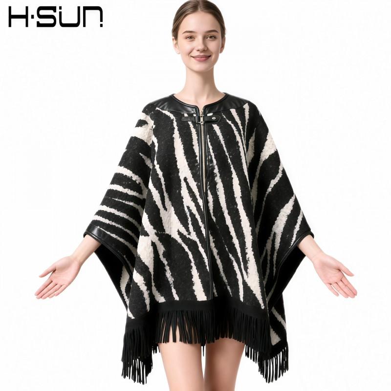 Womens Knitted Cape Sweater With Fringe Trim Retro Plaid Patchwork Street Style Winter Outerwear