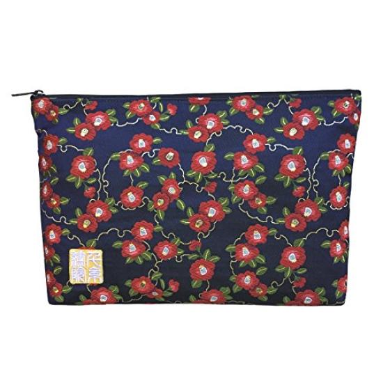 Senshishuin Nishijin Brocade Stamp Book Case Navy Blue Camellia Pouch/Shrine (Lined) Snow-Wrapped (Size L)