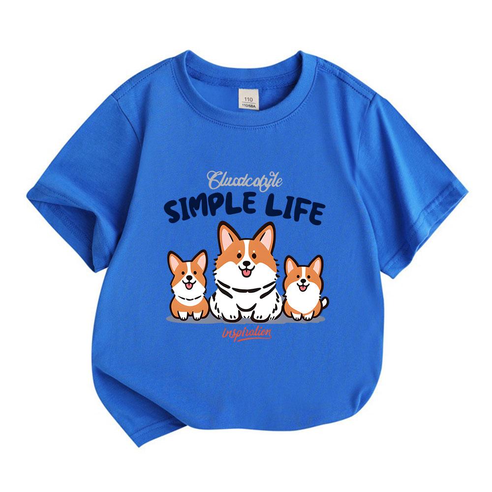 Toddler Boys Girls 100% Cotton Short Sleeve Crew Neck T-Shirt, Adorable Corgi Simple Life Printed Casual Soft Breathable Summer Tee for Daily Wear