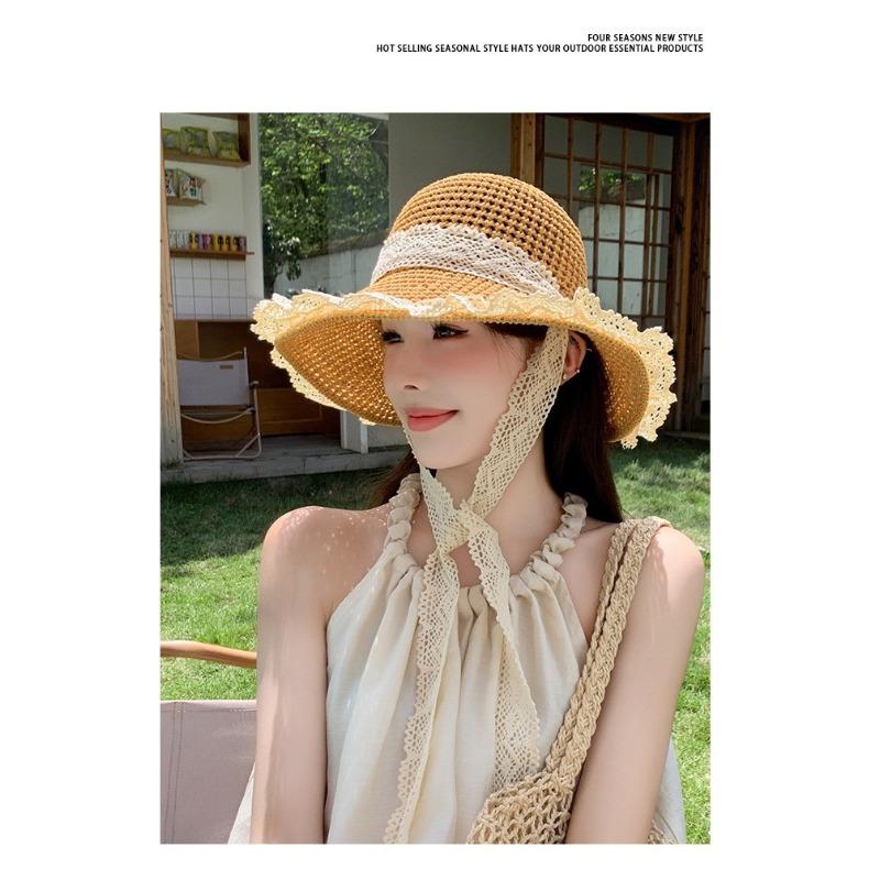Lace lace-up big brim straw hat women's summer 2026 new beach travel sun hat seaside sun hat