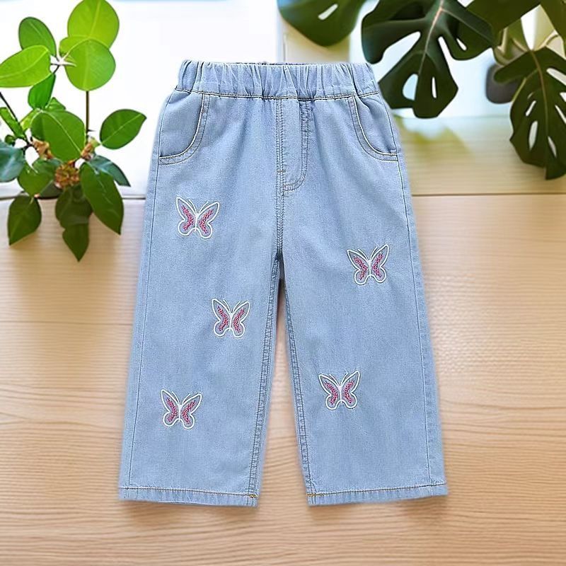 Girls' Summer Thin Mosquito Repellent Pants Children's Embroidered Wide Leg Jeans Girls' Baby Pants
