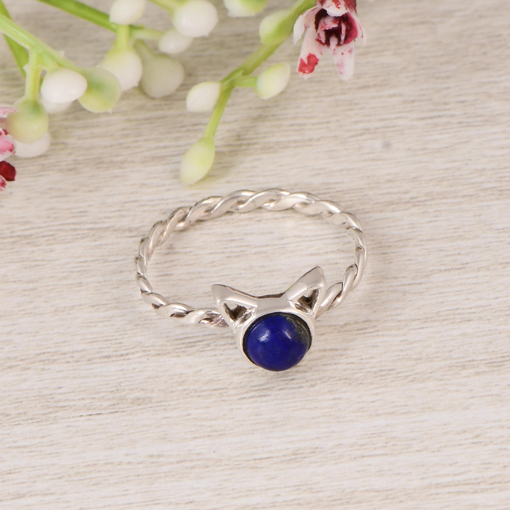 925 Sterling Silver Lapis Lazuli Cat Ear Ring – Twisted Band Gemstone Ring – Gift for Her. 5