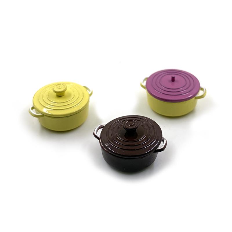 1Set 1:12 Dollhouse Mini Stockpot Hot Pot Miniature Colorful Soup Pot Kitchen Ware Simulation Metal Cookware Model Diy Accessory