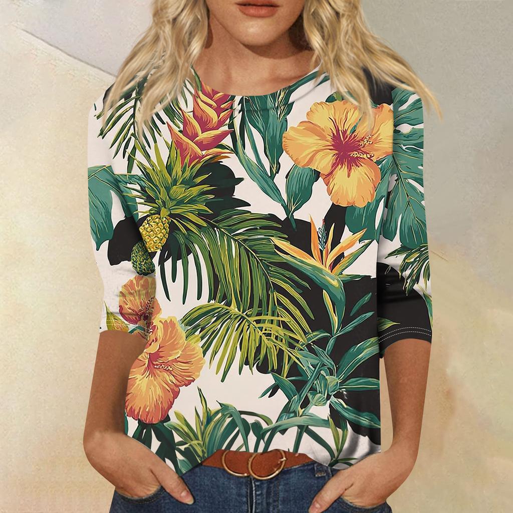 Women's Fashionable Casual Round Neck Three-Quarter Sleeve Printed T-Shirt Top