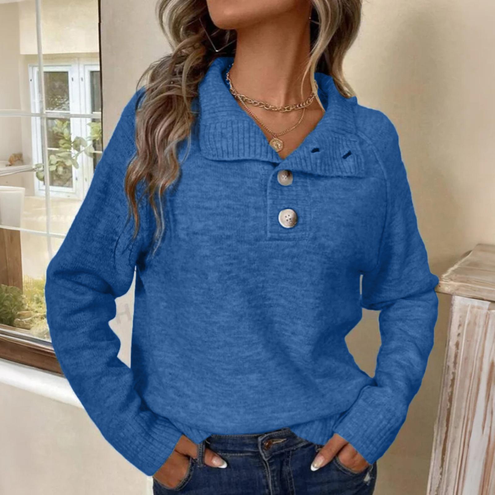 

Ladies Casual Stand Up Collar Knitted Sweater, Color Button Casual Loose Sweater XL