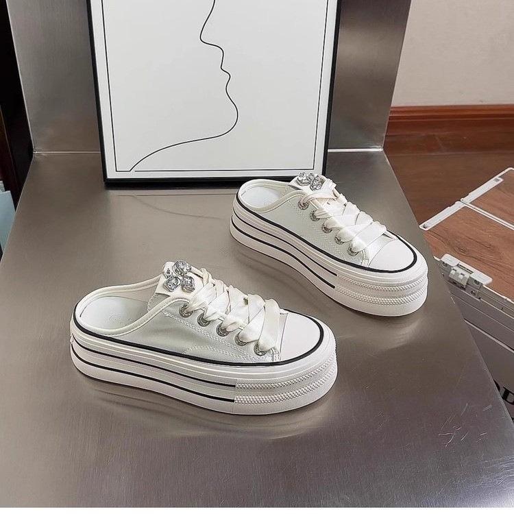 

Internet celebrities thick-soled heightening breathable canvas shoes women s 2025 spring new versatile lazy one-pedal bag head half slippers 40