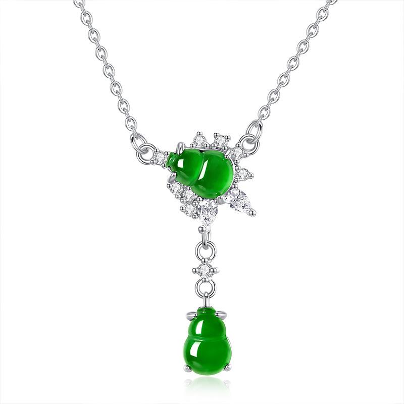 Natural dangerous material jadeite double gourd necklace women's S925 sterling silver inlaid temperament collarbone chain women's fashion jewelry gift