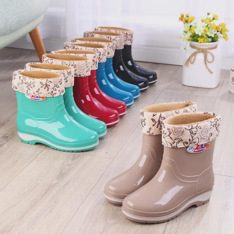 Women's Non-Slip Short Rain Boots - Fashionable, Warm, Low-Cut Rubber with Velvet, One-Piece Design