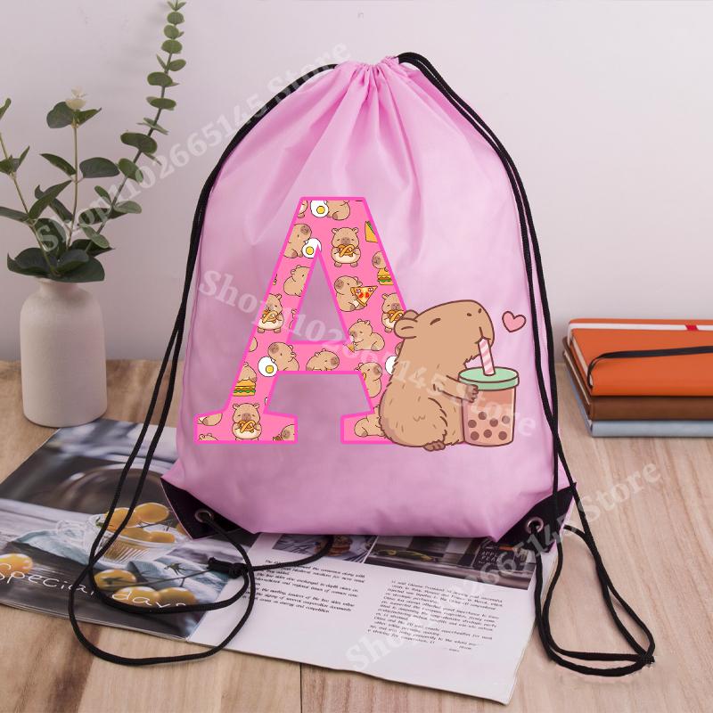 Capibara Girls Drawstring Backpack Cute Capybara Letter A-Z Storage Bag Kids Outdoor Sport Travel Rucksack Children Gifts