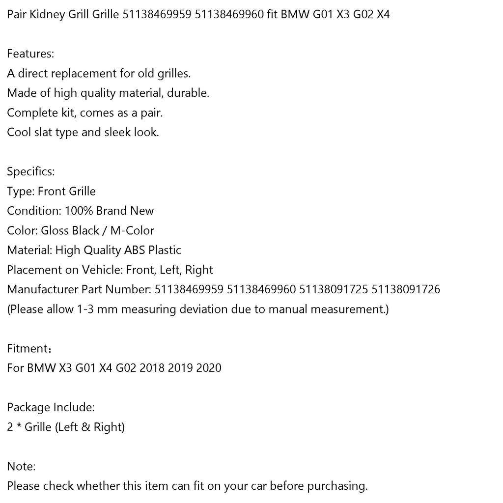 2PCS M-Color Kidney Grill Grille 51138469959 Fit BMW G01 X3 G02 X4 Gloss Black