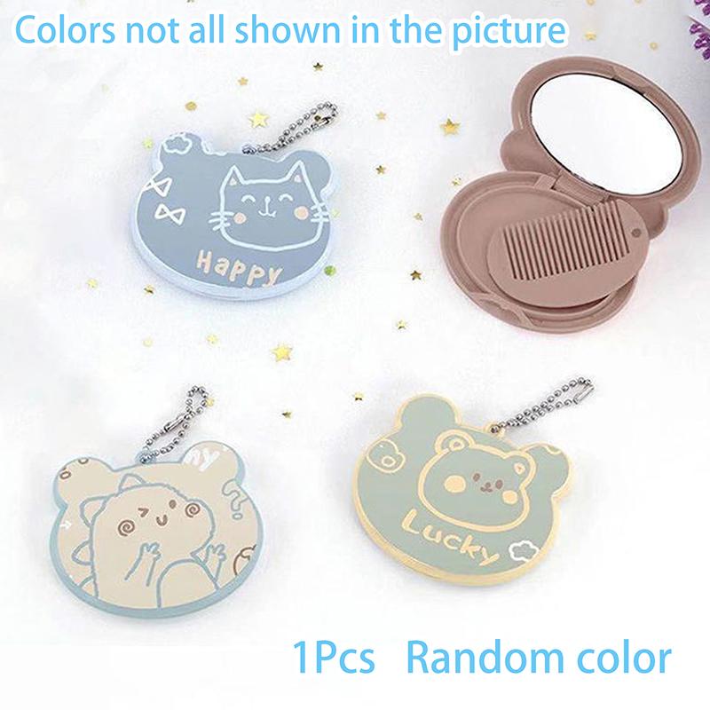 1pc Mini Folding Mirror Hair Brush Cute Cartoon Bear Design Portable Hair Comb for Kids and Girls Makeup and Travel Accessory