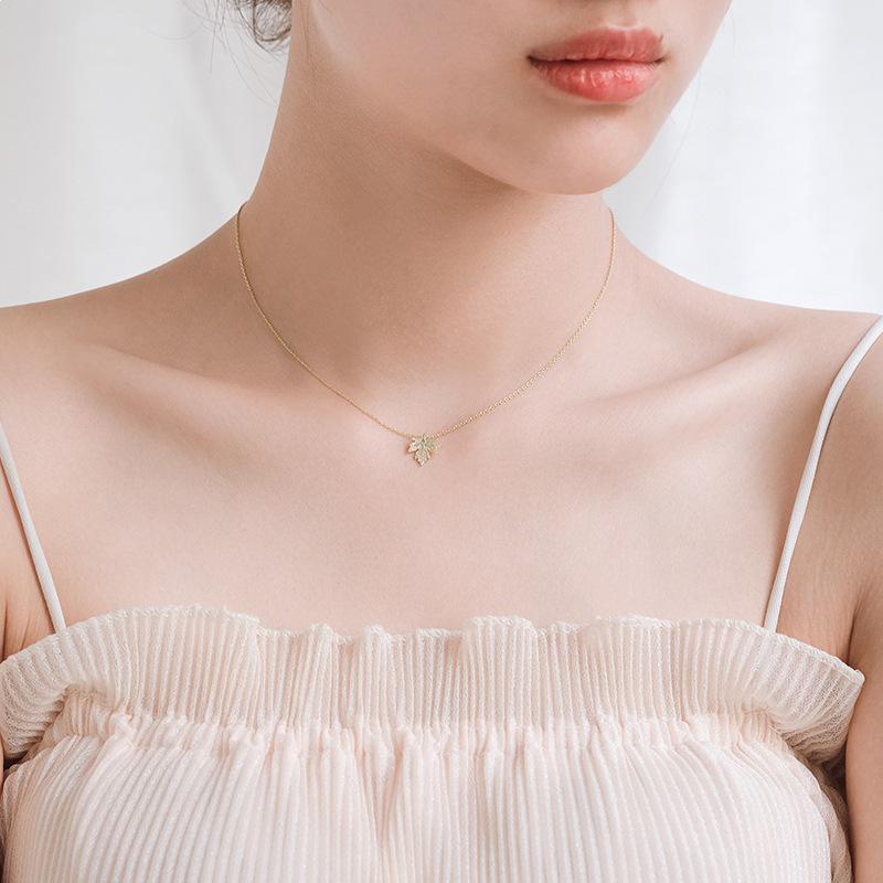 Sterling Silver Maple Leaf Necklace - Korean Style Minimalist Collarbone Chain Pendant for Women