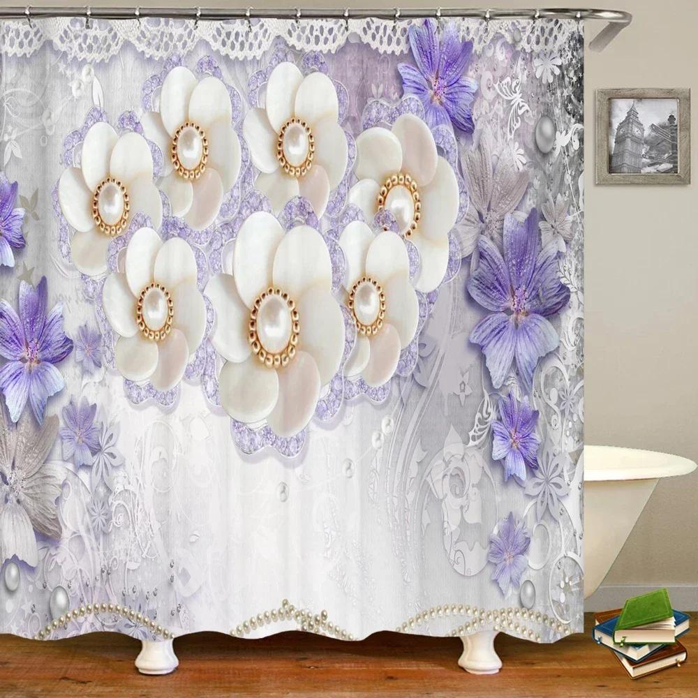 3D European Beautiful Flower Printing Bathroom Curtain Waterproof Polyester Shower Curtain Home Decoration Curtain With Hooks