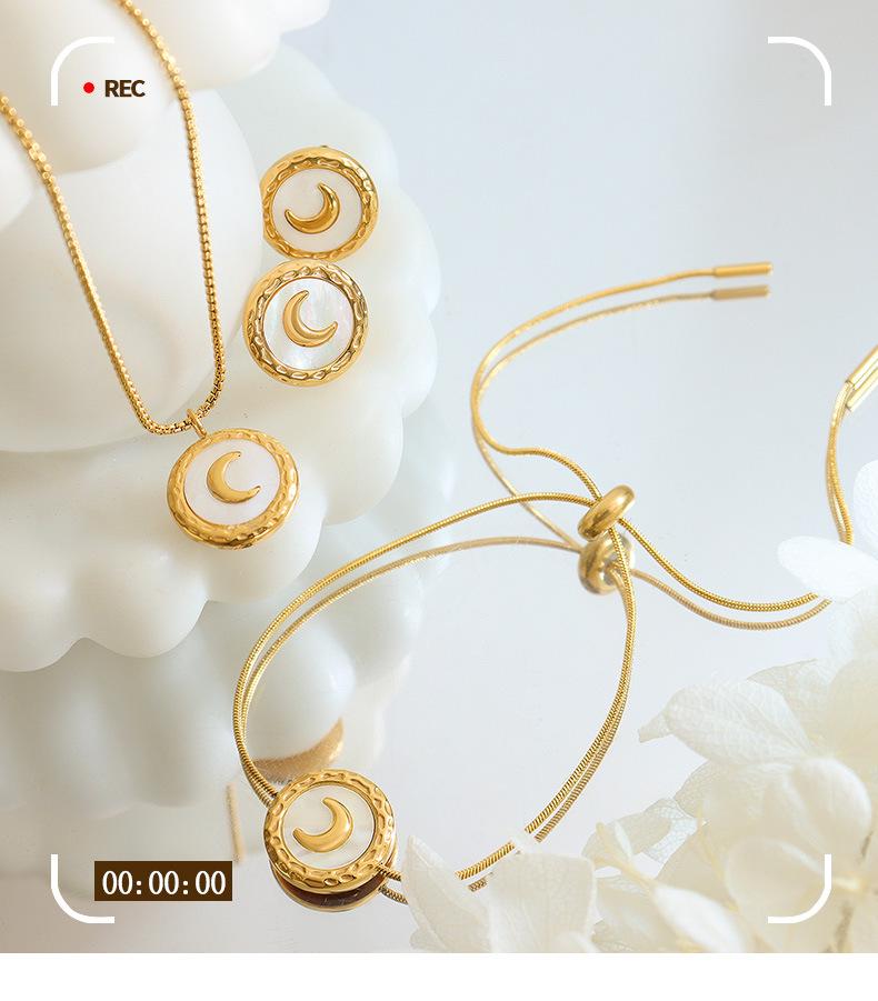 Women's Titanium Steel Jewelry Set: Crescent Moon Necklace, White Shell Earrings, and Non-Fading Bracelet.