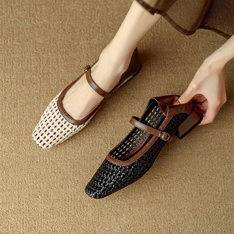 Krazing Pot Cow Skin Weaving Summer Size 41 Low Heels Party Shoes Women Square Toe Gladiator Hollow Out Pumps