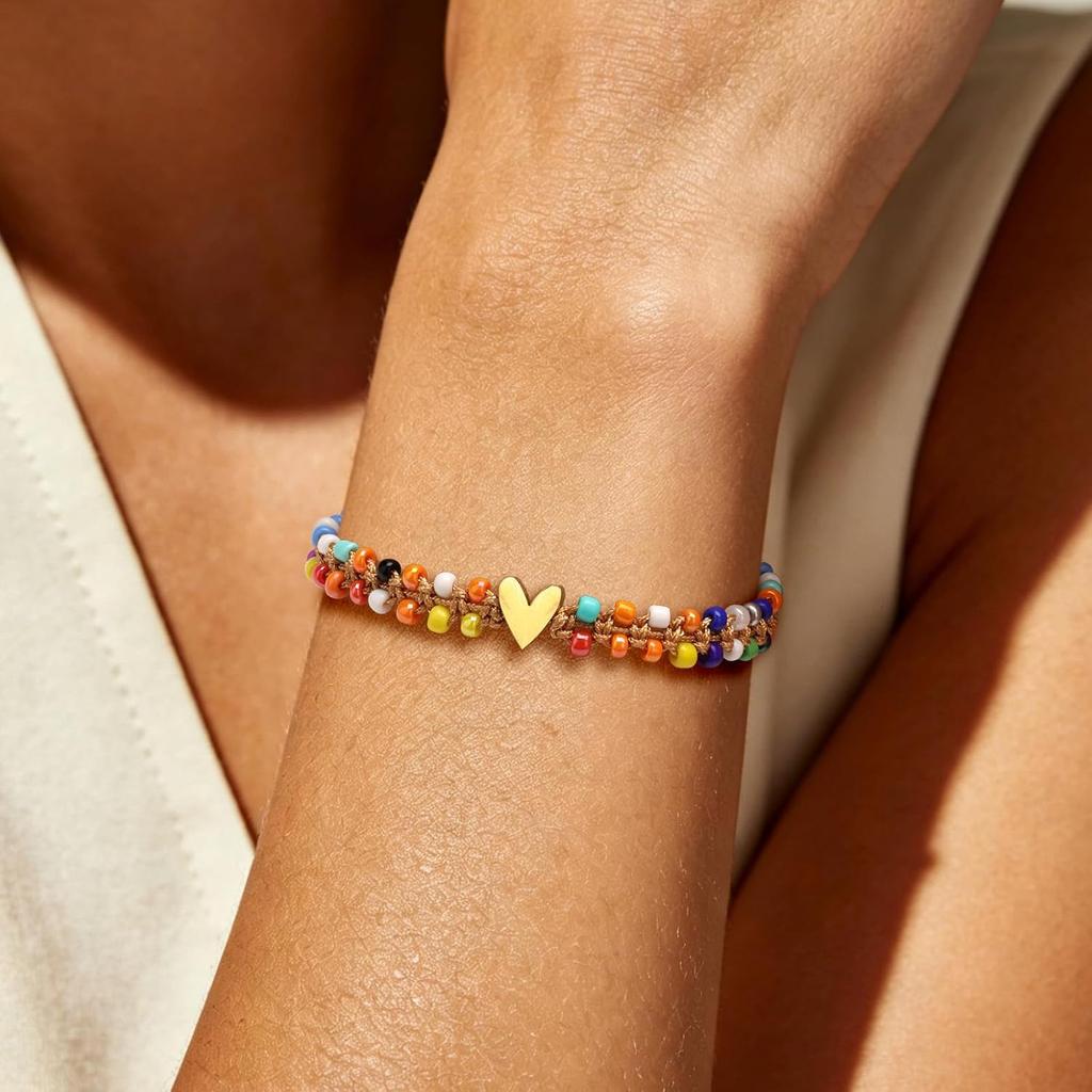 Beaded Bracelet for Women, Double Layer Colorful Seed Bead Bracelet with Heart Charm, Handmade Boho Stackable Bracelet, Adjustable Friendship Jewelry