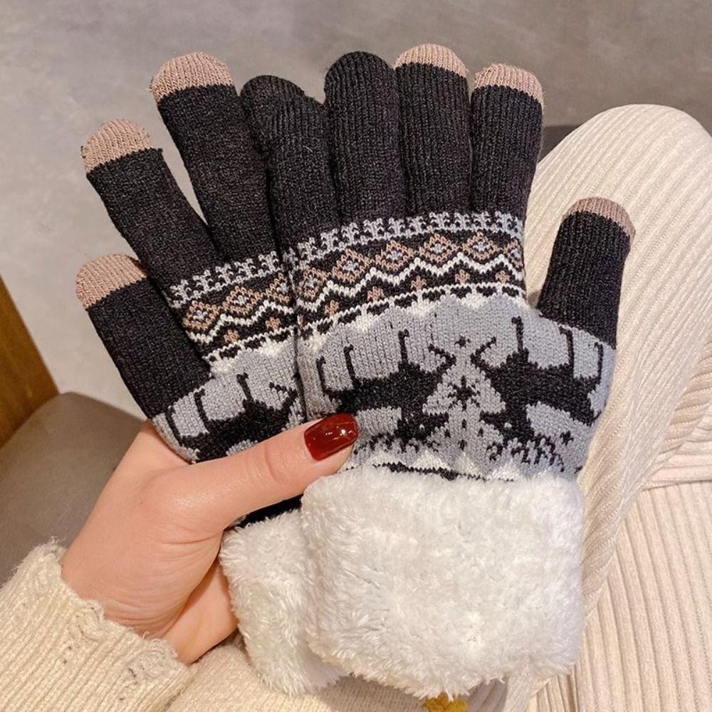 Thickened Christmas Knitted Gloves Wool Winter Mittens Simple Full Finger Gloves  Women