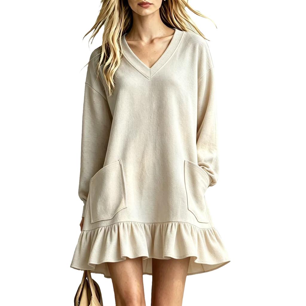 Women's Long Sleeve V-Neck Dress for Casual Everyday Wear and Work