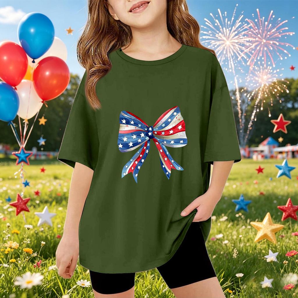Kids Short Sleeve T-Shirt Independence Day Print Top American Style Bow Graphic Tee Casual Fit Comfortable Fabric