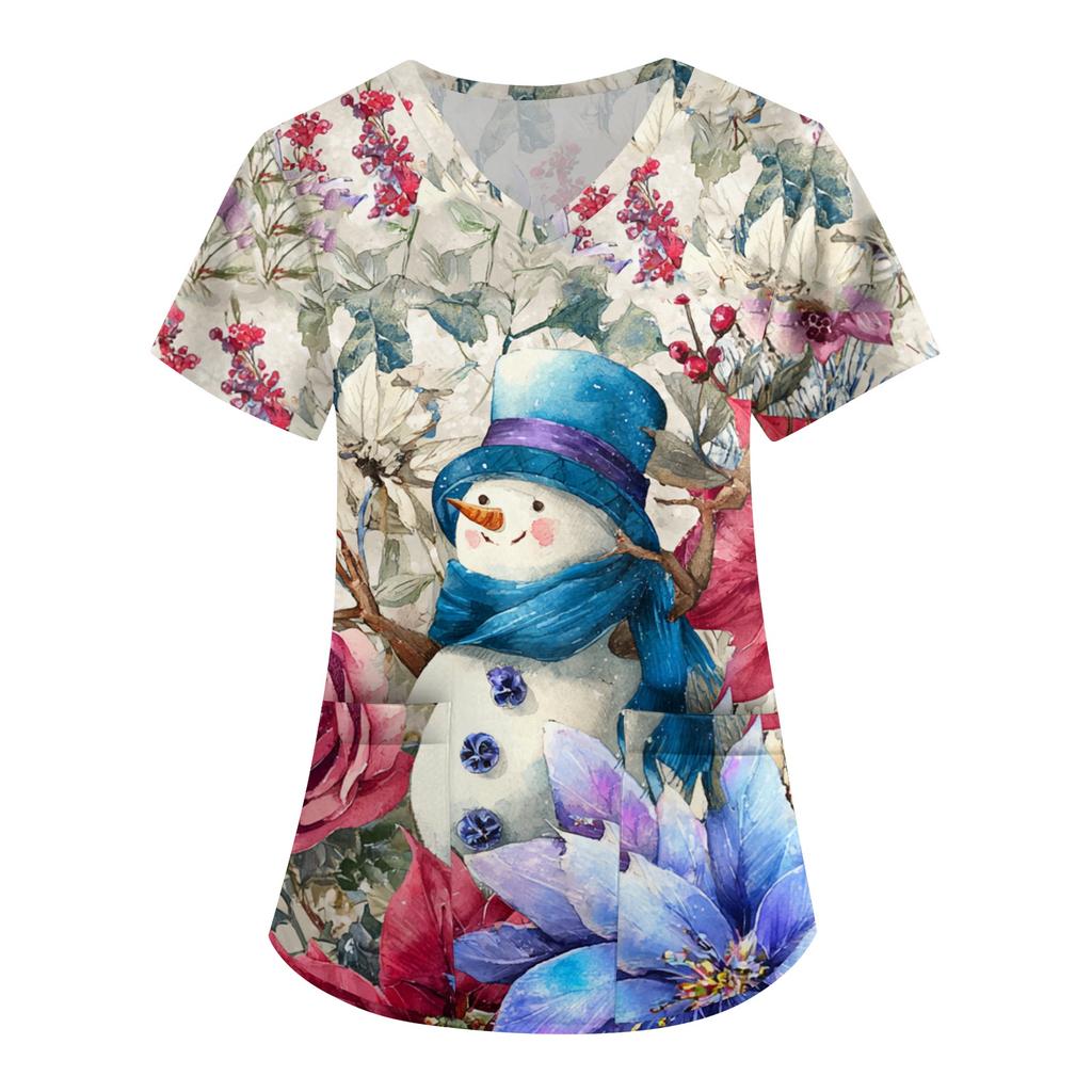 Women's Printing Uniform Work Uniform V-neck Pockets Basic Short Sleeve Pullover Top