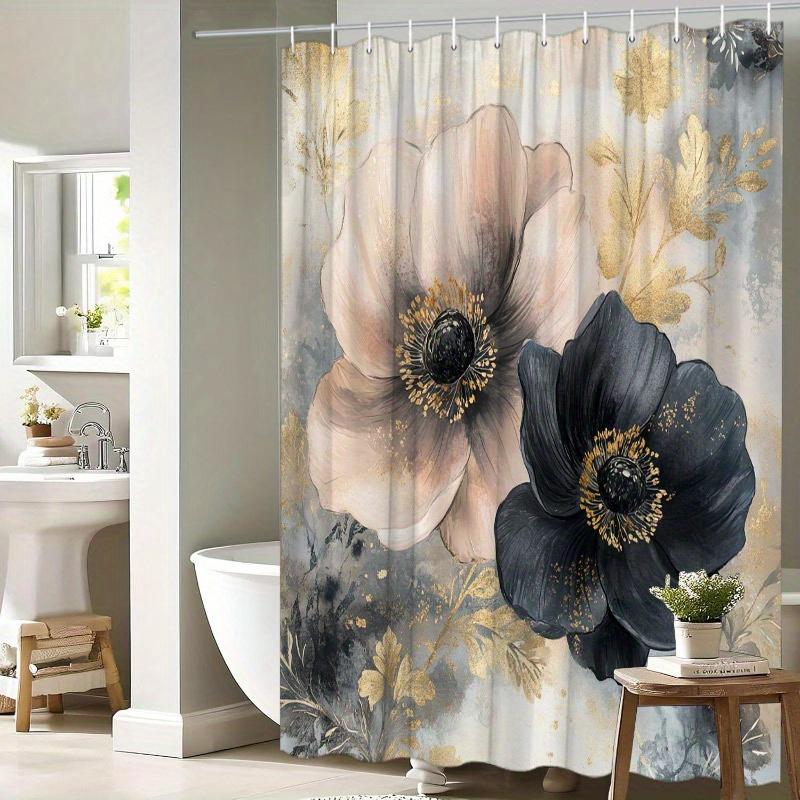 1 Elegant Floral Shower Curtain, Beige and Black Poppies, Gold Center, Grey and White Background, With Hooks, Polyester Fabric